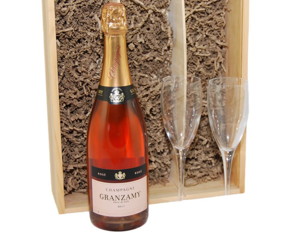 Granzamy Père & Fils Brut Rosé NV & Flutes Wood Box